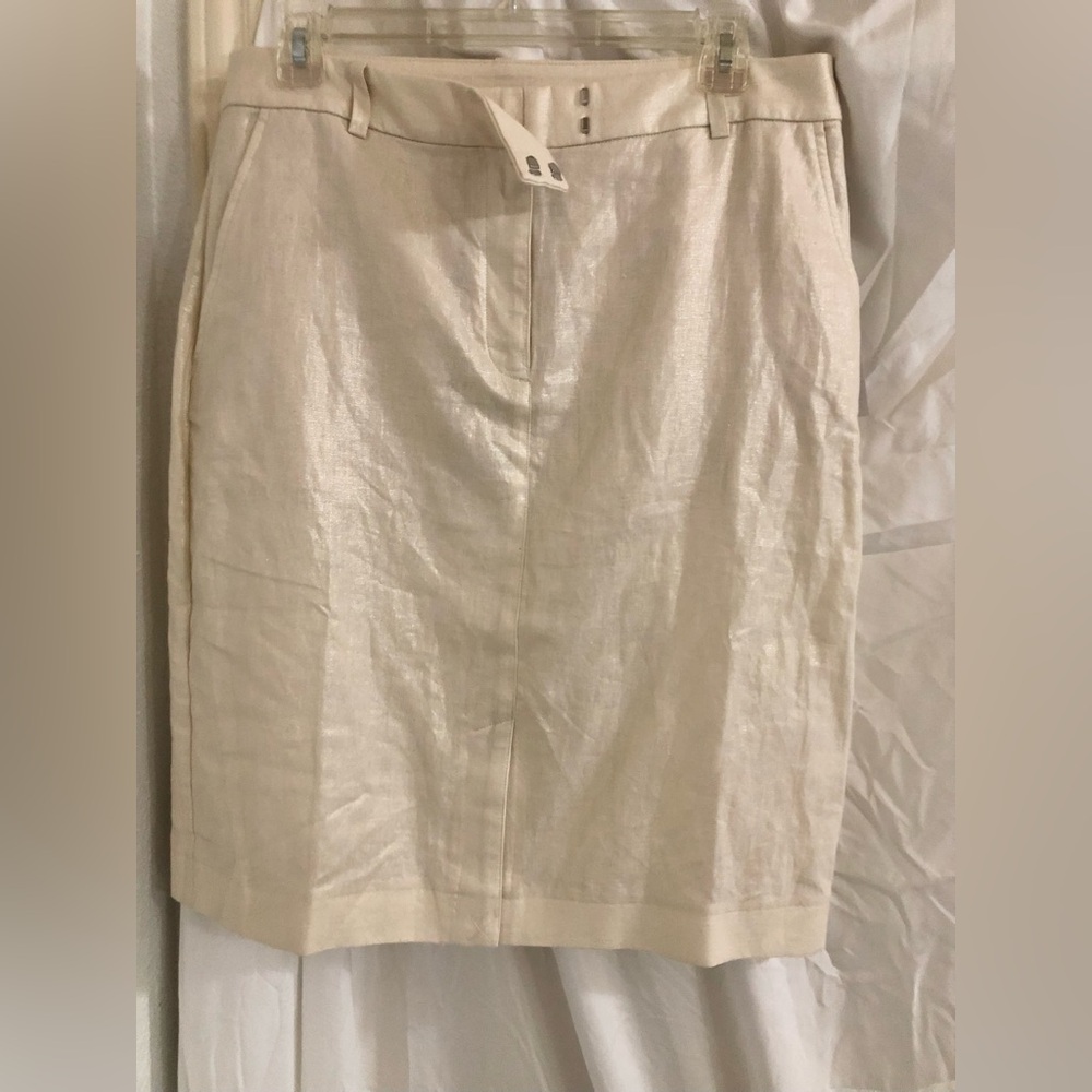 DKNY cream gold shimmer linen look pencil skirt style size 10 brand new